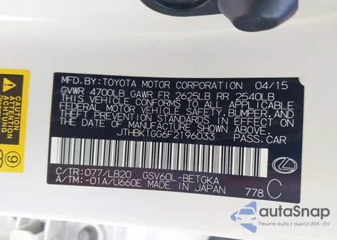 2015 Lexus Es 350 из США, поврежденный, VIN JTHBK1GG6F2196033